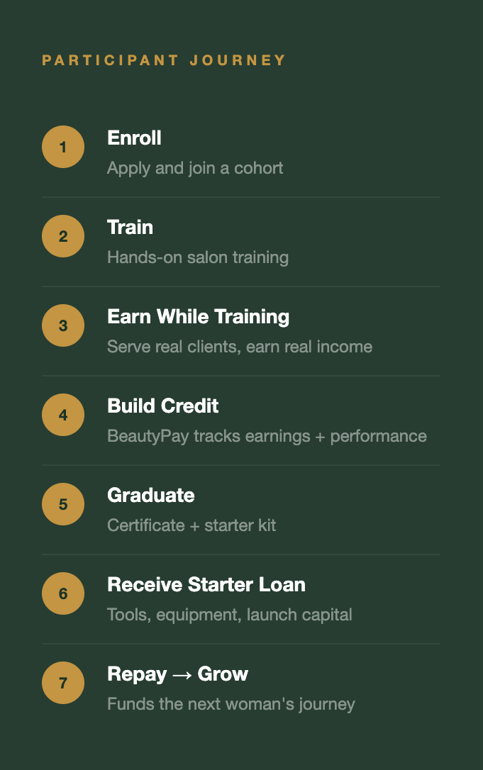 A vertical infographic titled 'Participant Journey' outlining seven steps for a program. Steps include Enroll, Train, Earn While Training, Build Credit, Graduate, Receive Starter Loan, and Repay to Grow, each with a brief description.