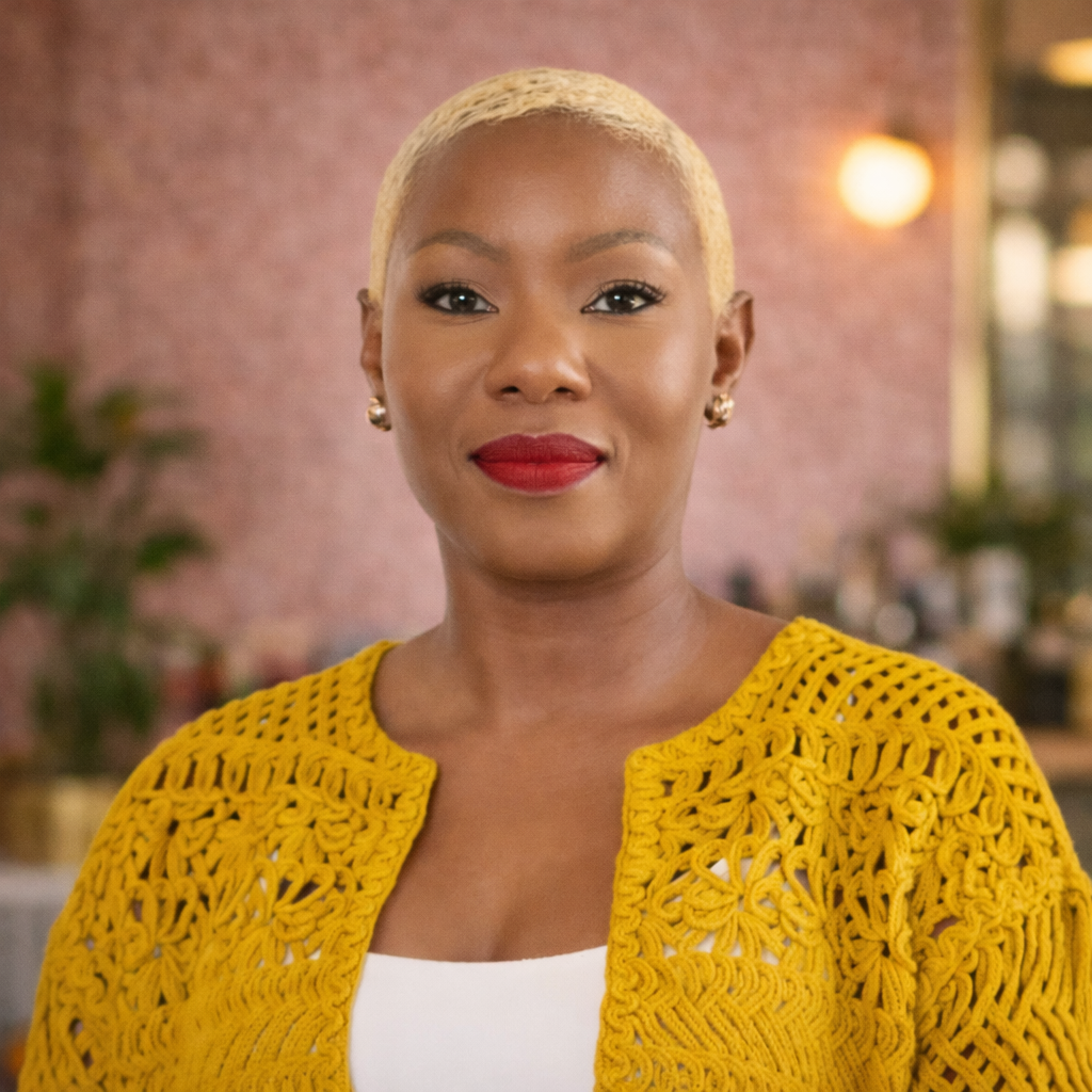 A woman with short blonde hair, red lipstick, and pearl earrings, wearing a yellow crochet top, standing indoors with a blurred background of a cafe or restaurant.
