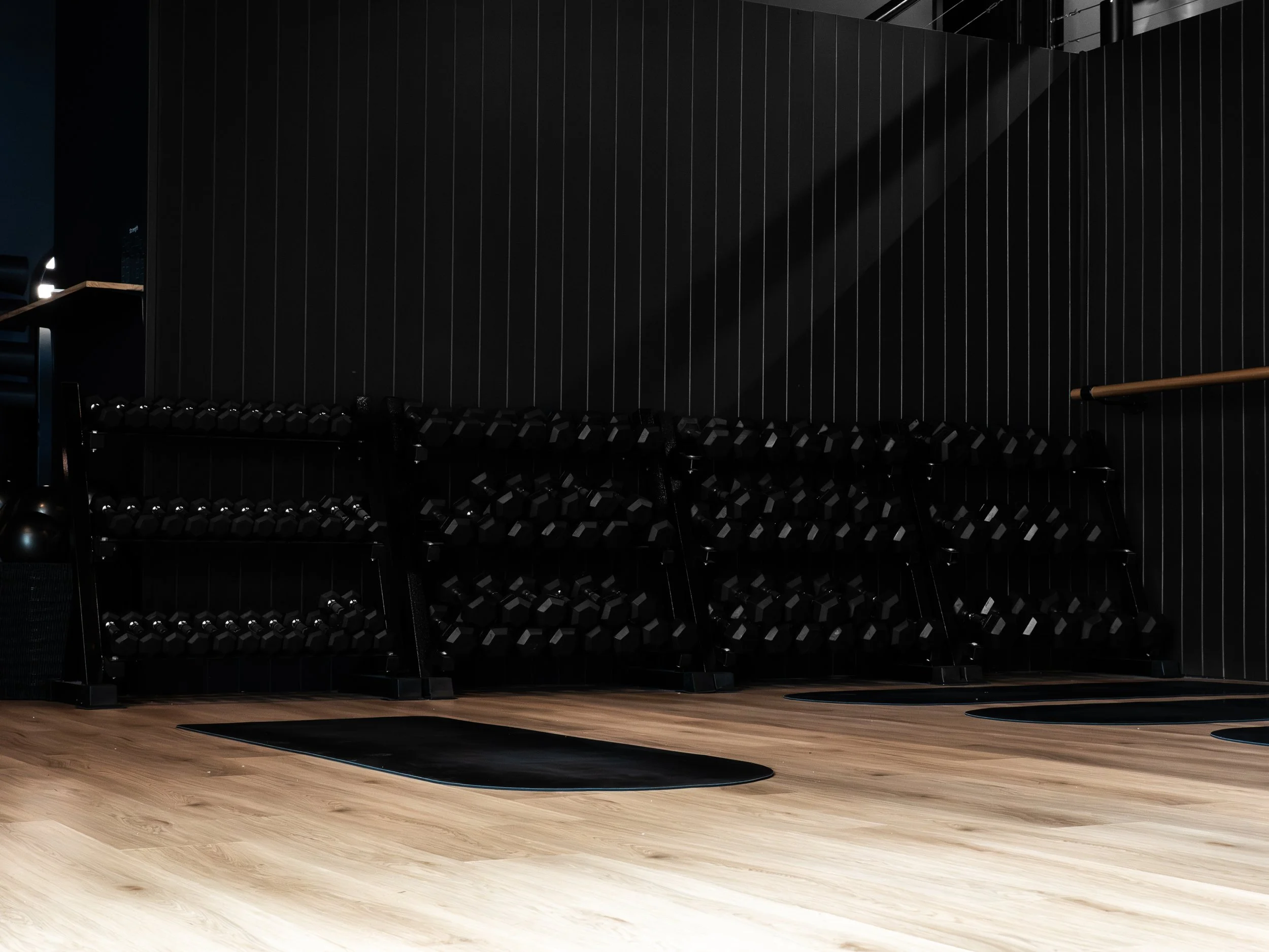 A dark interior space with black walls, shelves holding dumbbells, a wooden floor, and an exercise area with black circular mats.