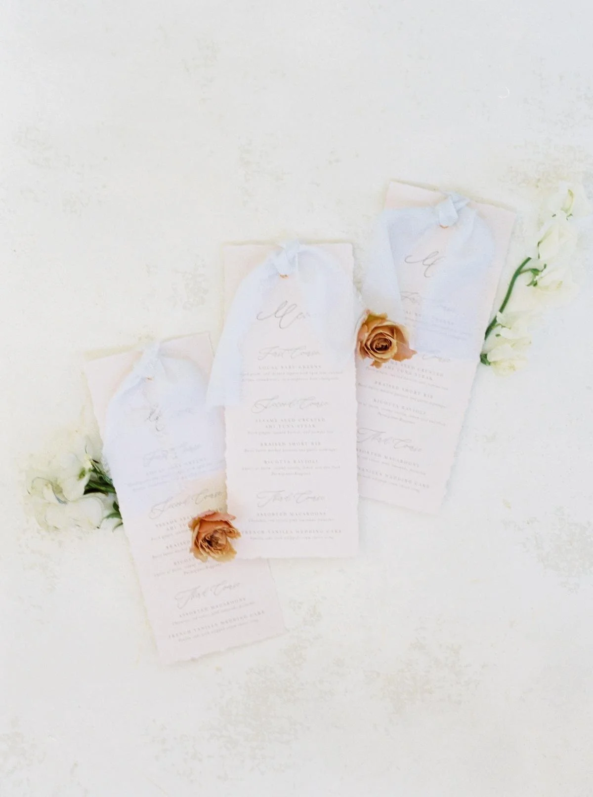Elegant wedding menus with soft fabric accents and decorative flowers on a textured background. Scottsdale, Arizona 