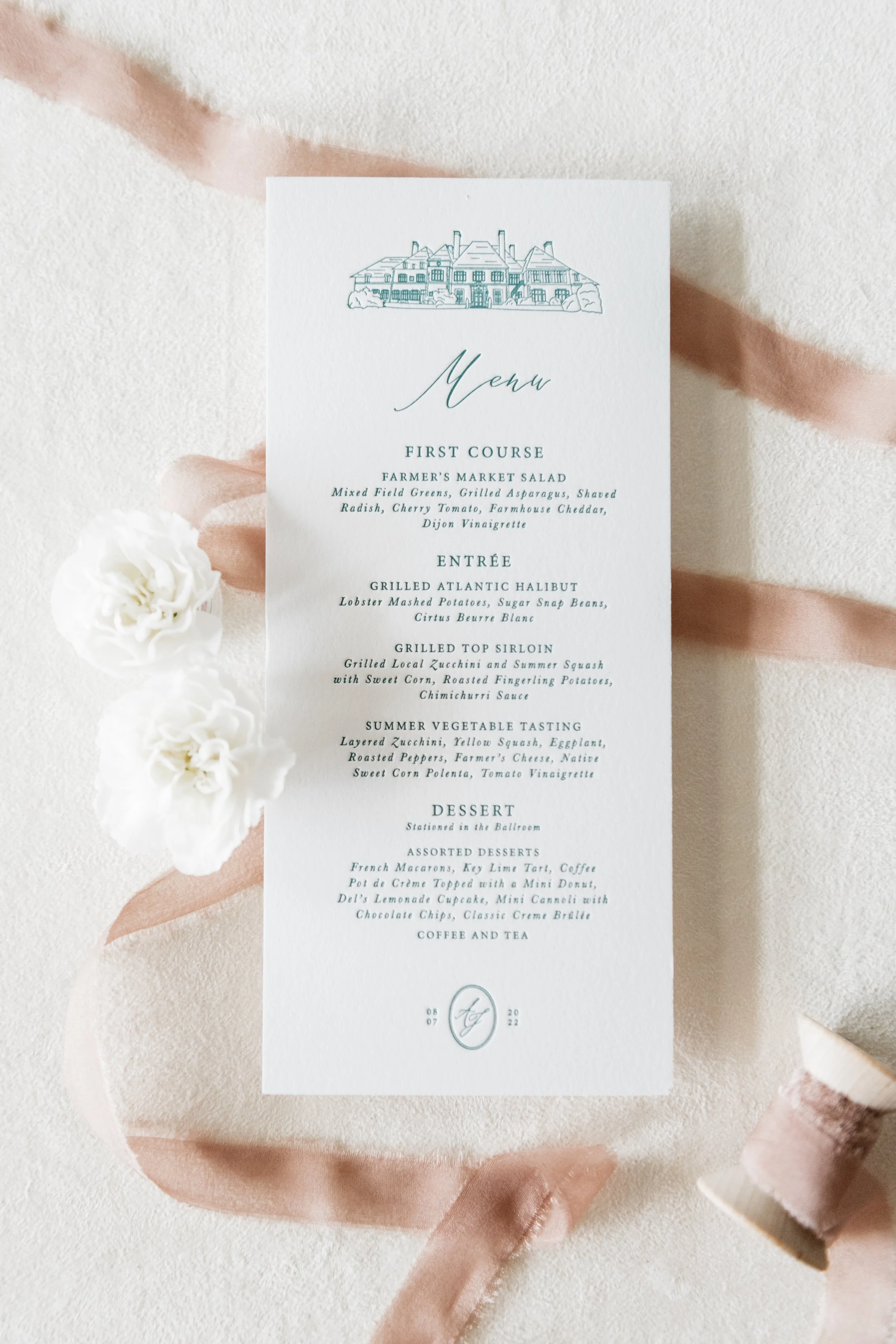 Elegant wedding menu on textured paper with pink ribbon and white flowers, listing courses including salad, fish, sirloin, vegetables, and assorted desserts. Scottsdale, Arizona