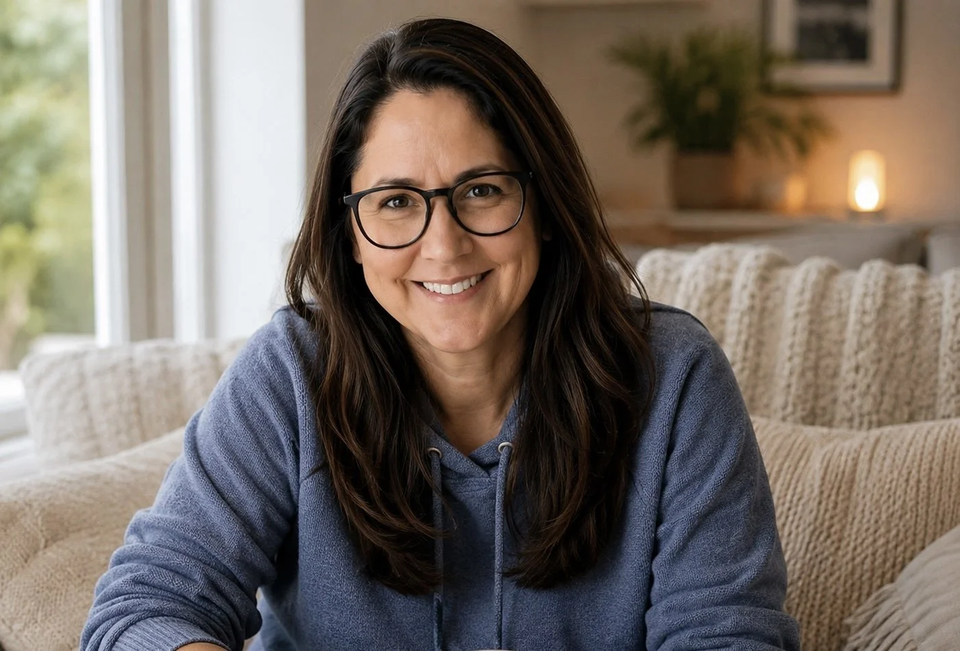 Smiling woman with glasses sitting on a beige couch in a cozy living room, wearing a blue hoodie, with a window and plants in the background.
