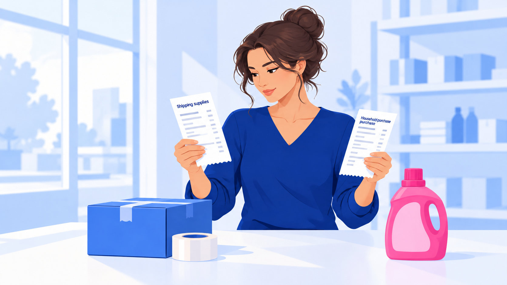 A small-business owner compares receipts from the same supplier for a business shipping purchase and a personal household purchase.