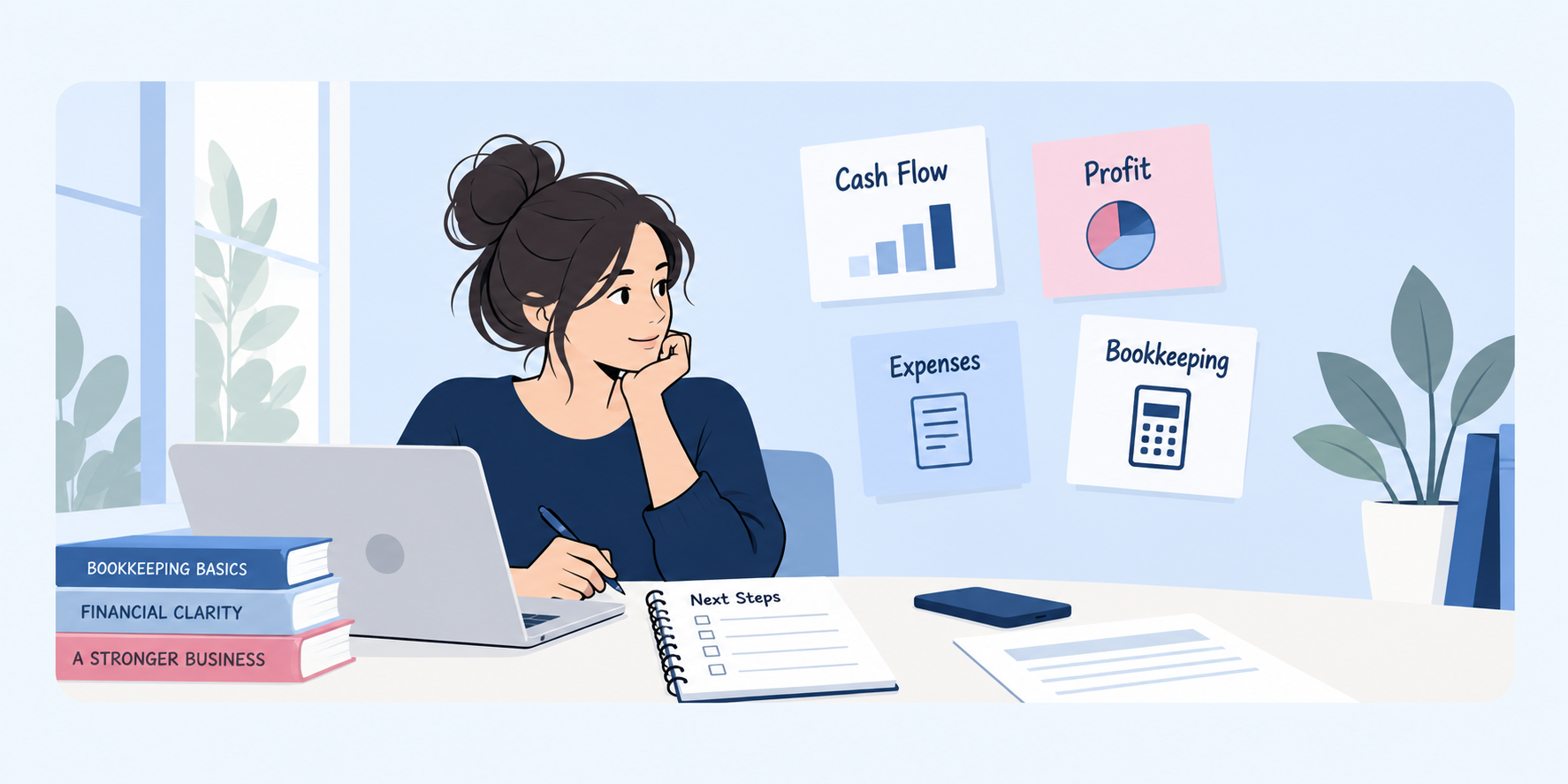 Small business owner reviewing bookkeeping concepts including cash flow, expenses, profit, and bookkeeping.