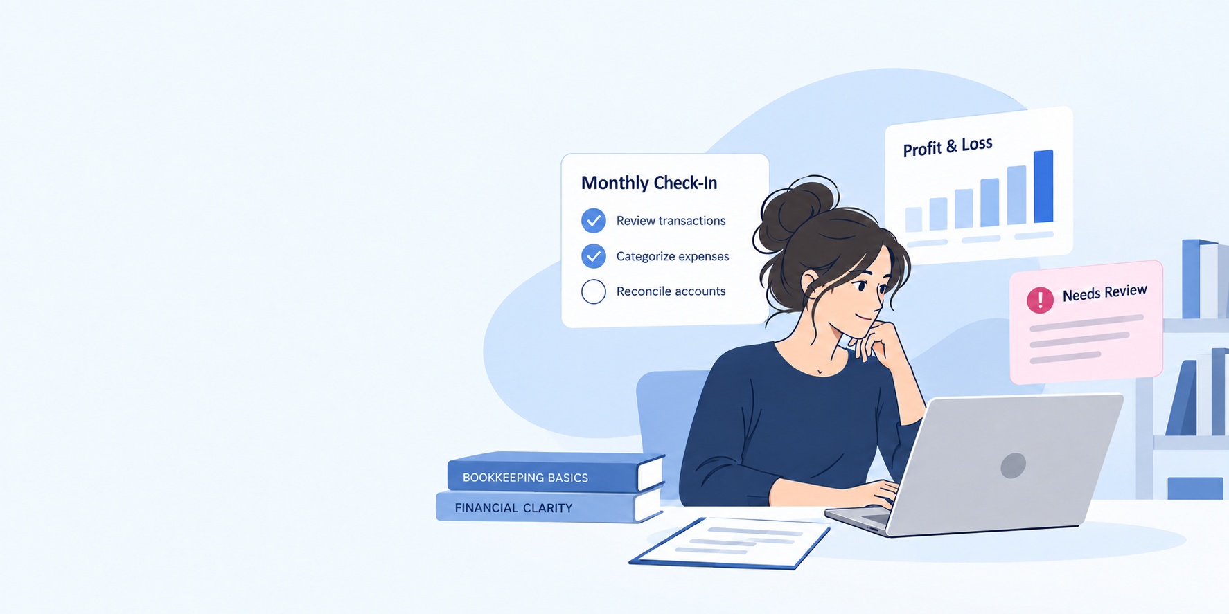A woman working on bookkeeping and financial planning at her desk, with notes and charts about cash flow, profit, expenses, taxes, and owner pay, surrounded by books.