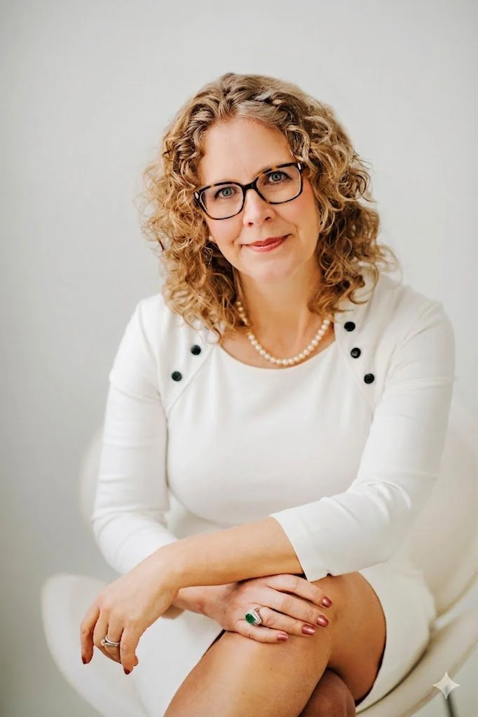 Woman with curly blonde hair, wearing glasses, a pearl necklace, and a white dress with black buttons, sitting with her legs crossed against a plain light background.