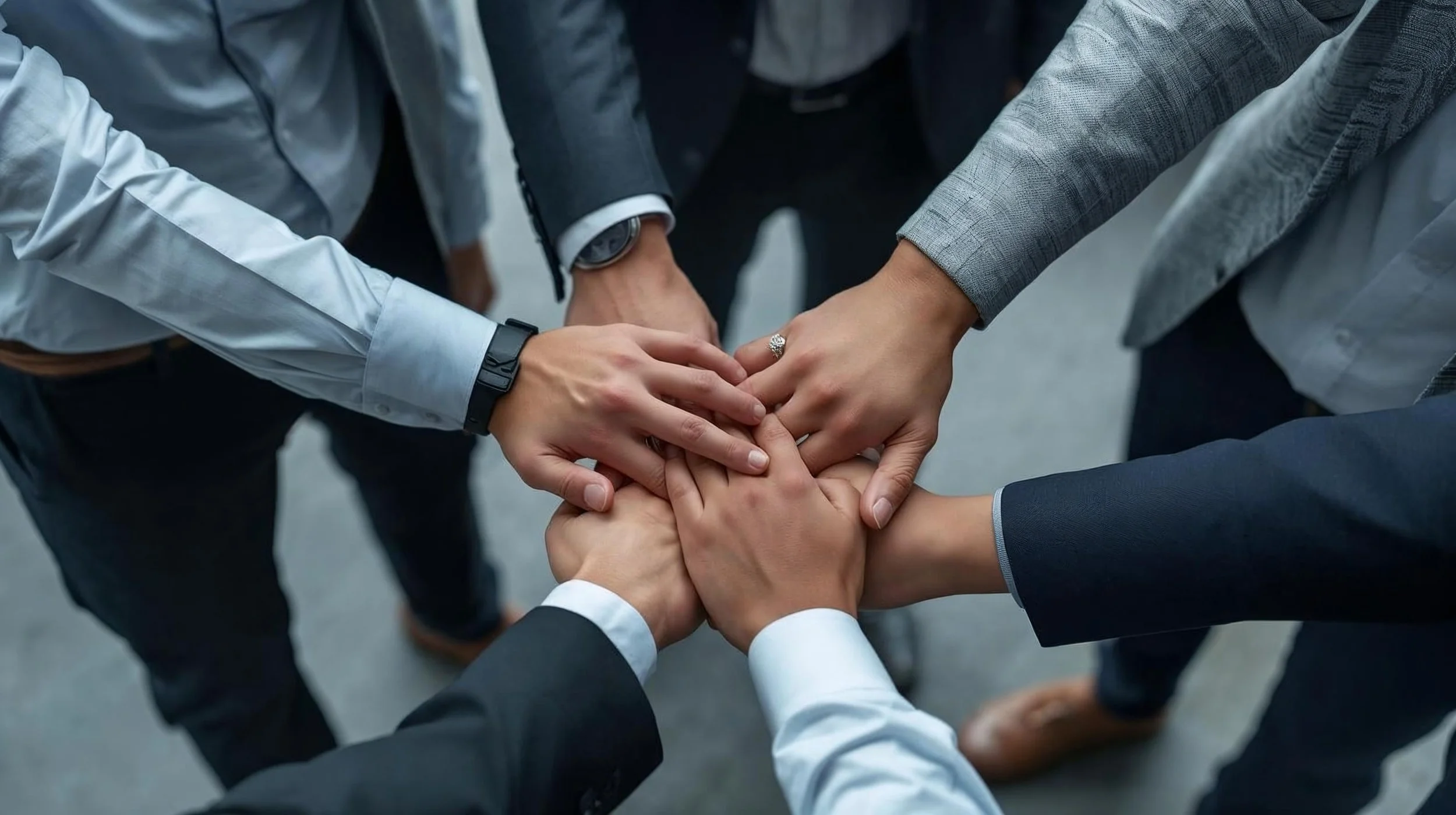 Group of people in business attire joining their hands together in a circle, symbolizing teamwork and unity.