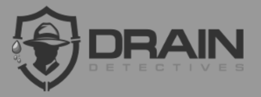 Logo for Drain Detectives featuring a shield with a detective wearing a hat, and a few drops of water.