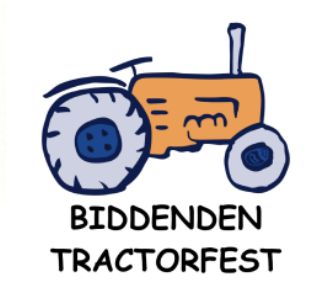 A cartoon illustration of a tractor with large blue wheels and orange body, with the text 'BIDDENDEN TRACTORFEST' underneath.