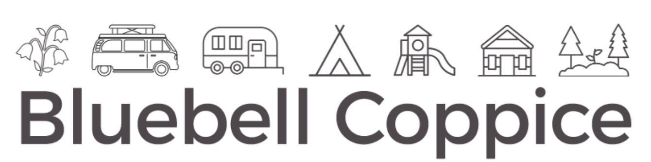 Illustration of camping and outdoor activities including flowers, camper van, trailer, tent, playground equipment, house, and trees, with the text 'Bluebell Coppice' below.