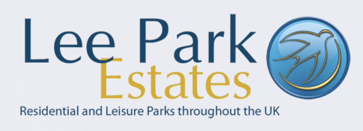Logo for Lee Park Estates with blue and yellow text and a circular emblem featuring a stylized bird.