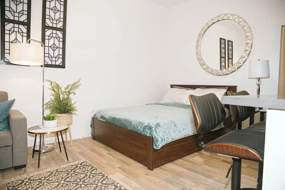 A bedroom with a wooden bed, a mirror on the wall, a lamp on a bedside table, a gray sofa with a teal pillow, a small round side table with a plant, black and wood dining chairs, and a patterned rug.