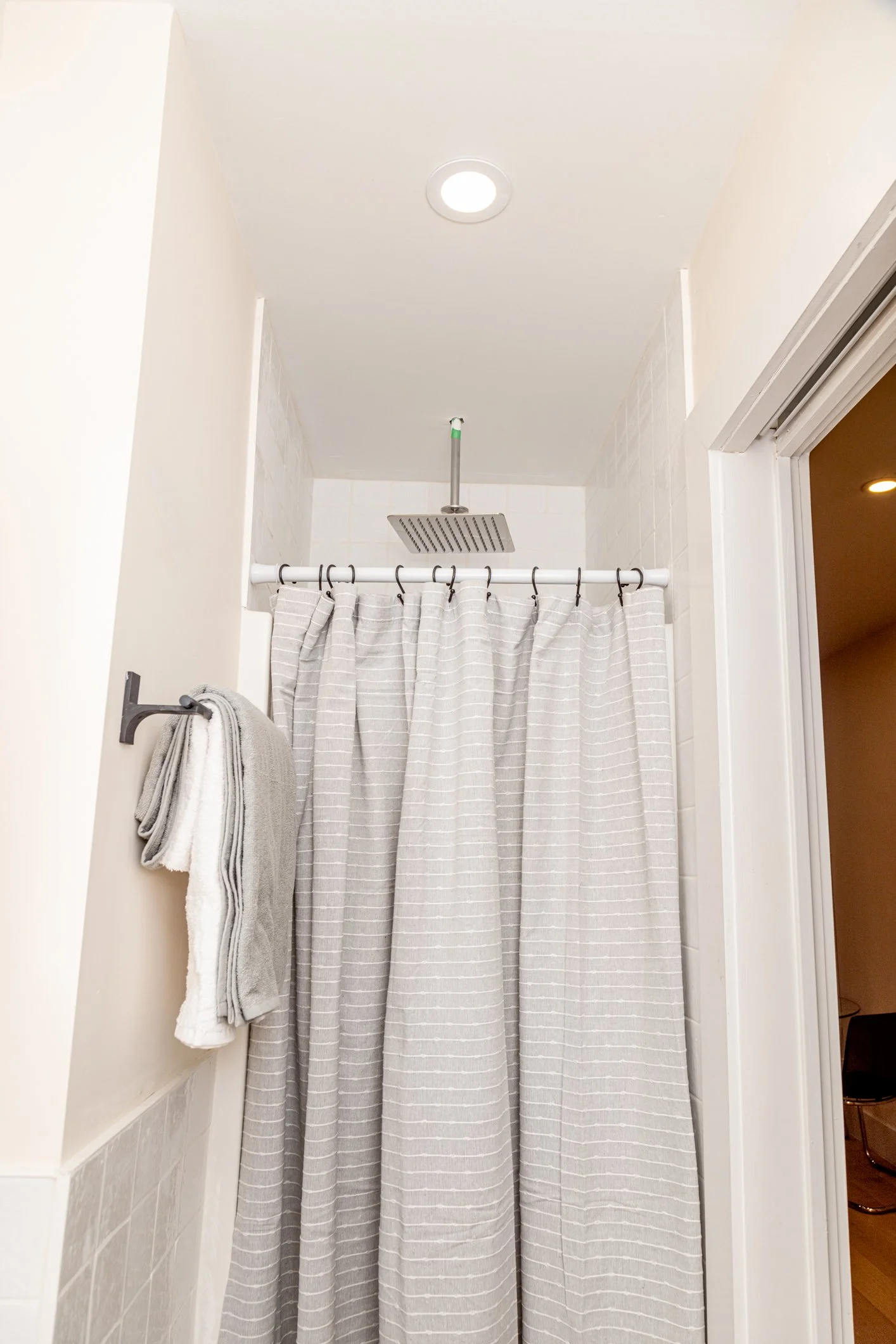 Bathroom with a shower curtain, towels on a hook, a ceiling light, and a skylight.