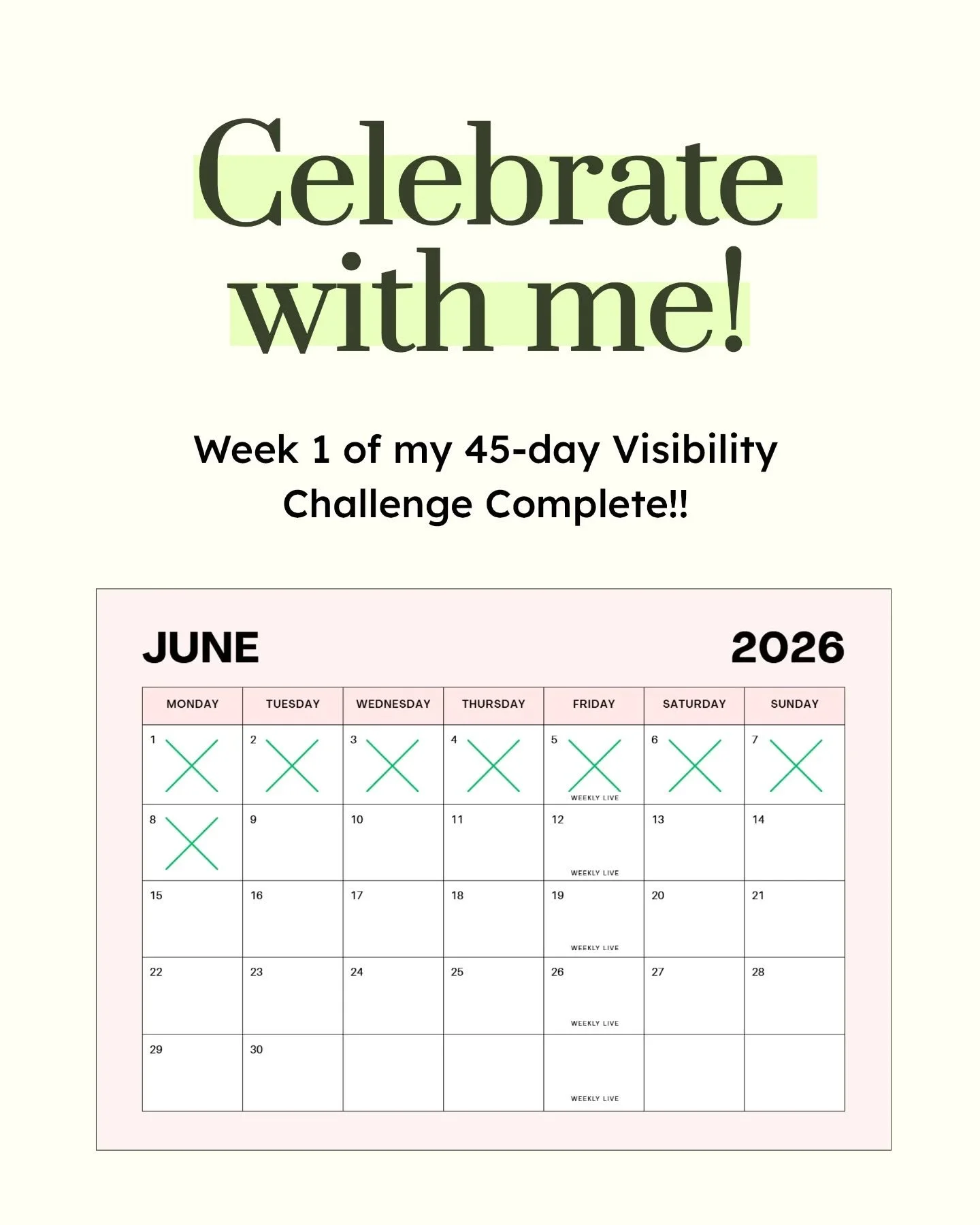 Week 1 of my 45-day Visibility Challenge is done!! I still have a long way to go, but I'm feeling really happy with the consistency and proud of myself for getting this far.