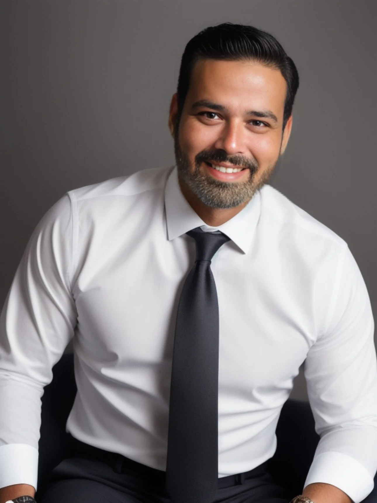 A professional man with dark hair and a beard, wearing a white dress shirt and black tie, smiling against a gray background.