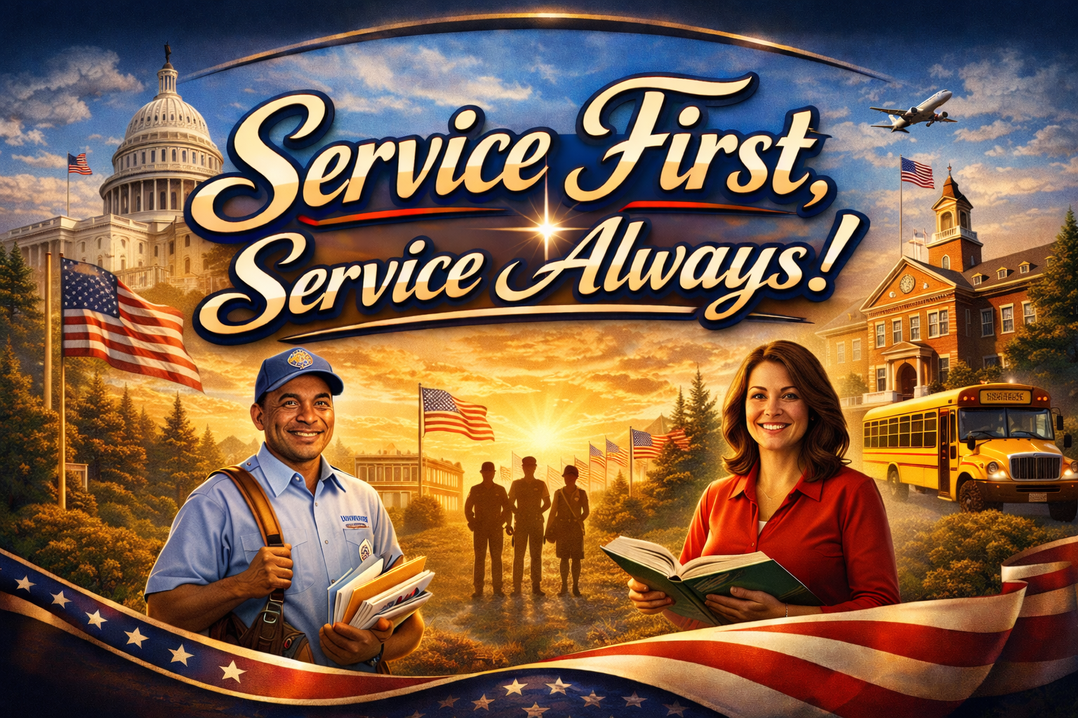 Illustration with the phrase 'Service First, Service Always!' against a patriotic American backdrop featuring the U.S. Capitol, flags, a school bus, a plane, and people in uniform and civilians.