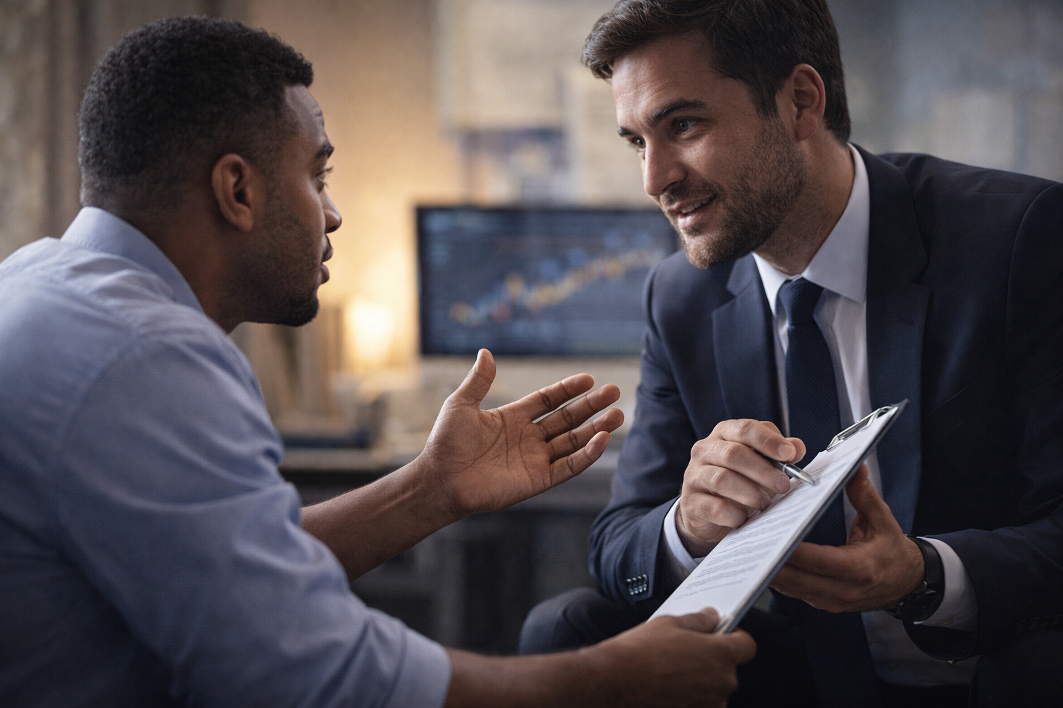 Two men in business attire having a conversation, one holding a clipboard and the other gesturing with his hand, in an office setting.