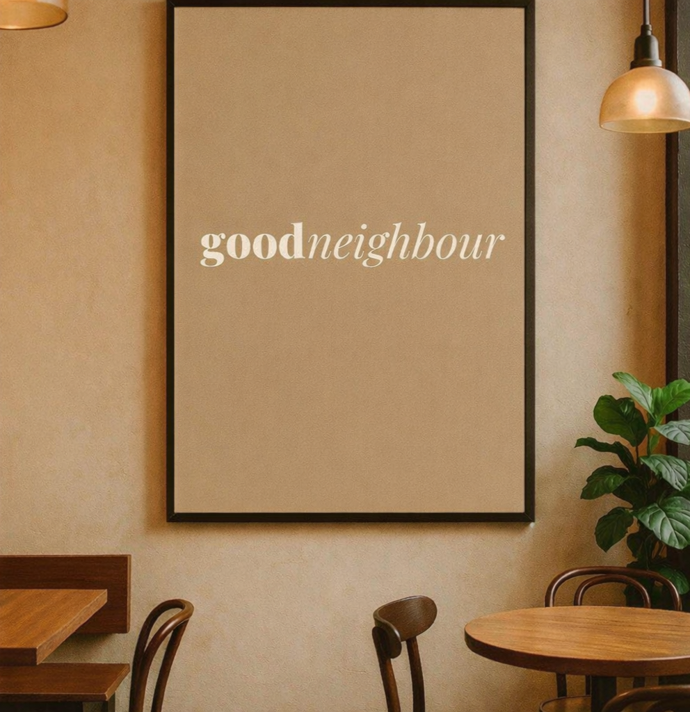 Good Neighbour Marketing Logo in stylish restaurant space.