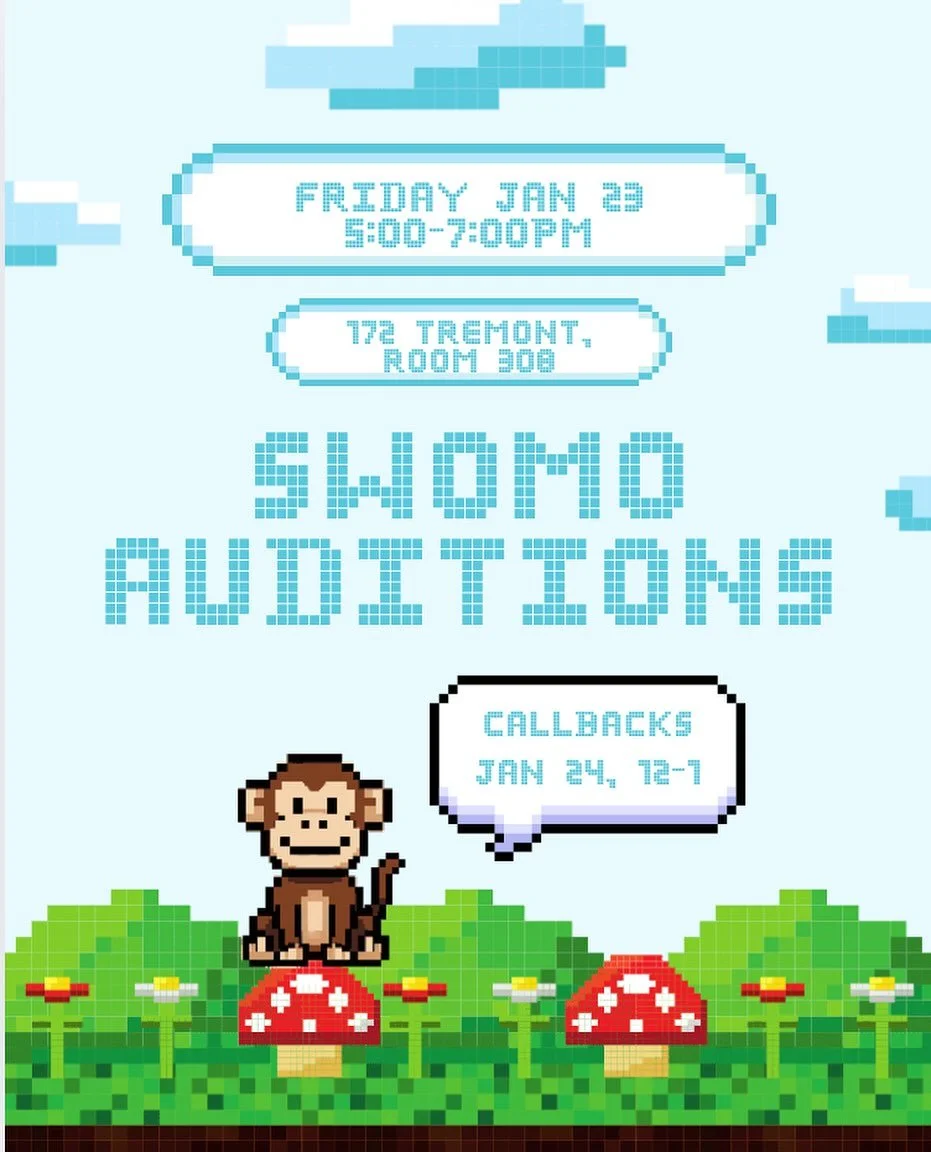 Sign up link in bio! Auditions in 172 tremont meeting room 308 with time slots from 5-7pm. Callbacks by invitation on  Saturday January 24th from 12-1pm. We can&rsquo;t wait to see you there!