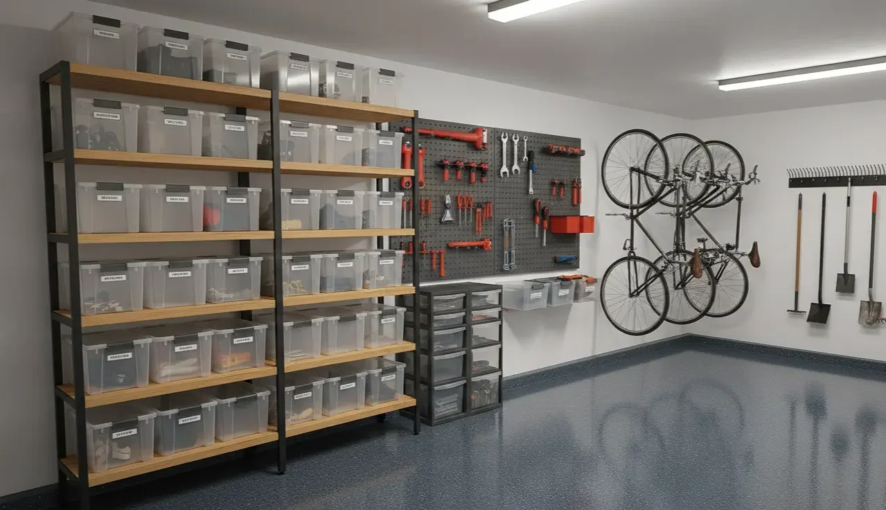Custom garage storage installation in Hampstead, London with shelving, bike storage and organised wall system