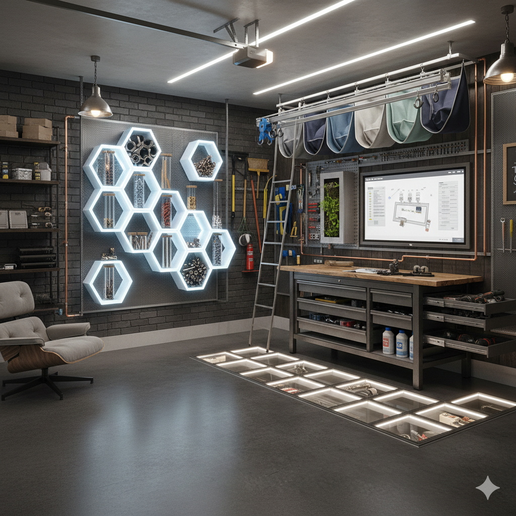 Luxury garage transformation in Richmond, London with custom workspace, premium storage and design-led organisation