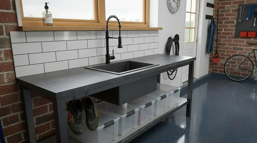 Custom garage sink and workbench installation with organised storage