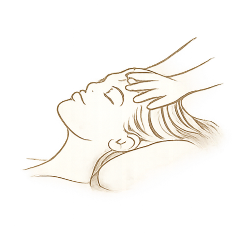 Drawing of a woman lying down with eyes closed, receiving a massage or facial treatment