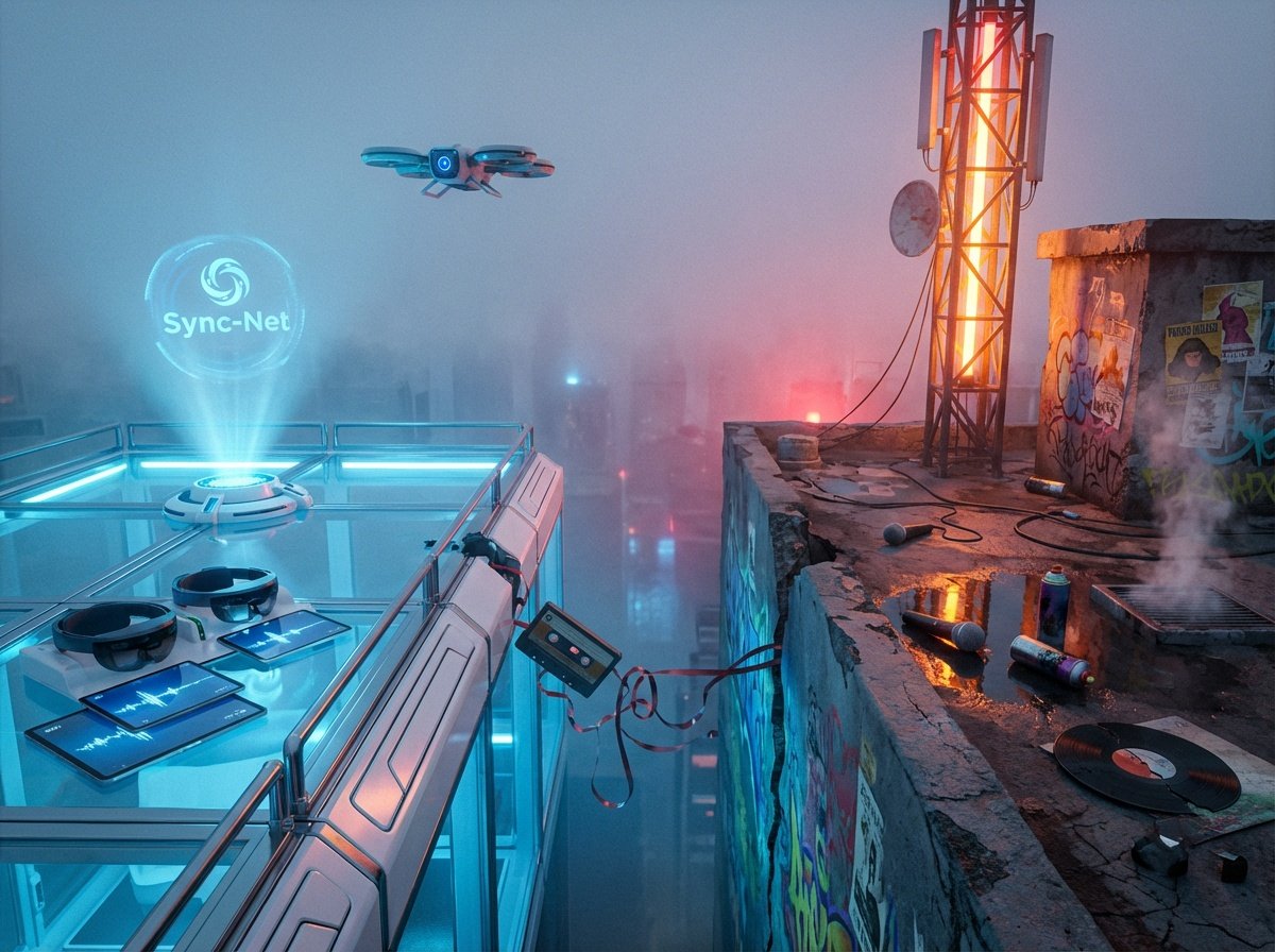 Futuristic rooftop scene with a flying drone, neon blue hologram display reading 'Sync-Net', and rooftop with graffiti, cardboard boxes, spray paint cans, and electrical wires, with city skyline hazy in the background.