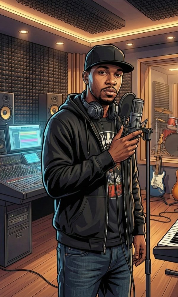 A digital illustration of a young man in a recording studio, wearing a black hoodie, baseball cap, and headphones, standing in front of a microphone, with music equipment, including speakers, a mixing console, and guitars, in the background.
