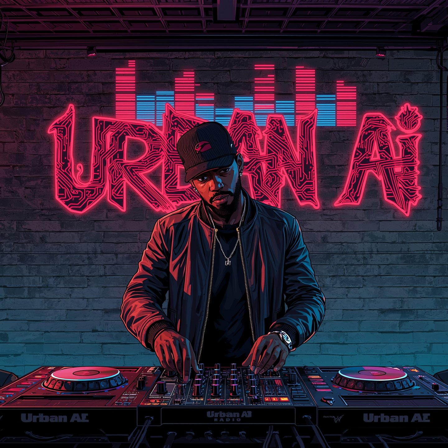 Digital artwork of a DJ wearing a black jacket and cap, standing behind DJ equipment in a nightclub. Neon sign behind him spells 'URBAN' in bright pink with a sound wave graphic above.