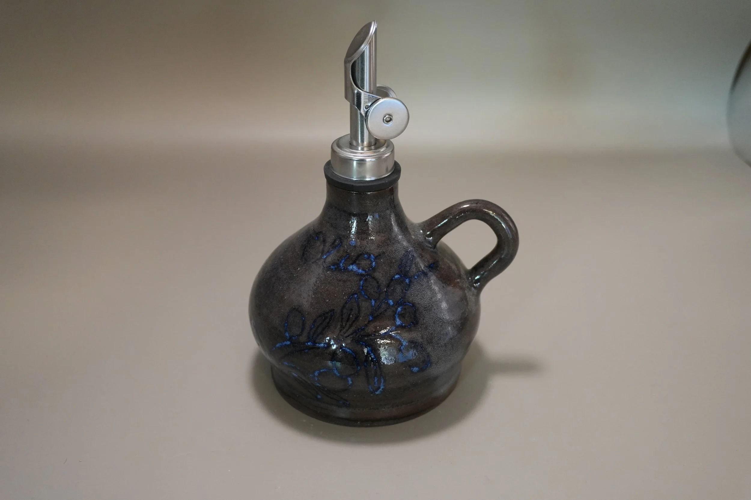 Handcrafted Ceramic Oil Dispenser with Blue Carved Olio