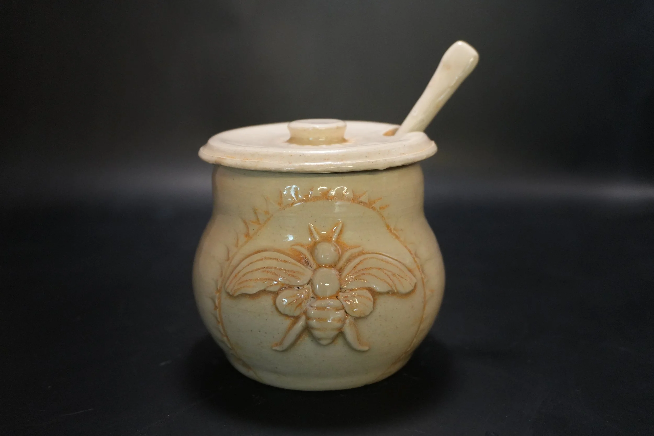 Golden Honey Pot with Hand-Carved Bee & Artisan Dipper