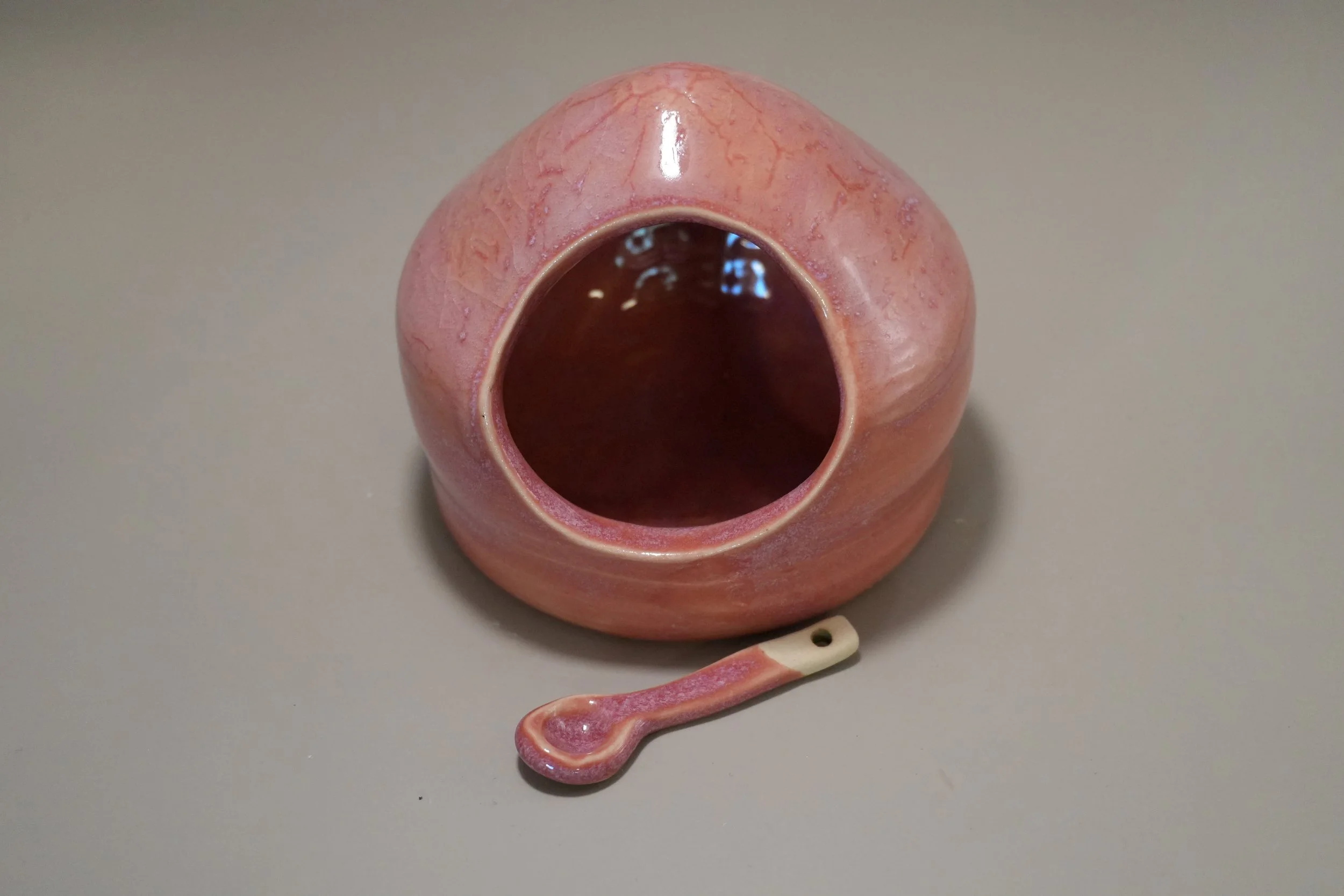 Handcrafted Pink Ceramic Salt Cellar with Spoon