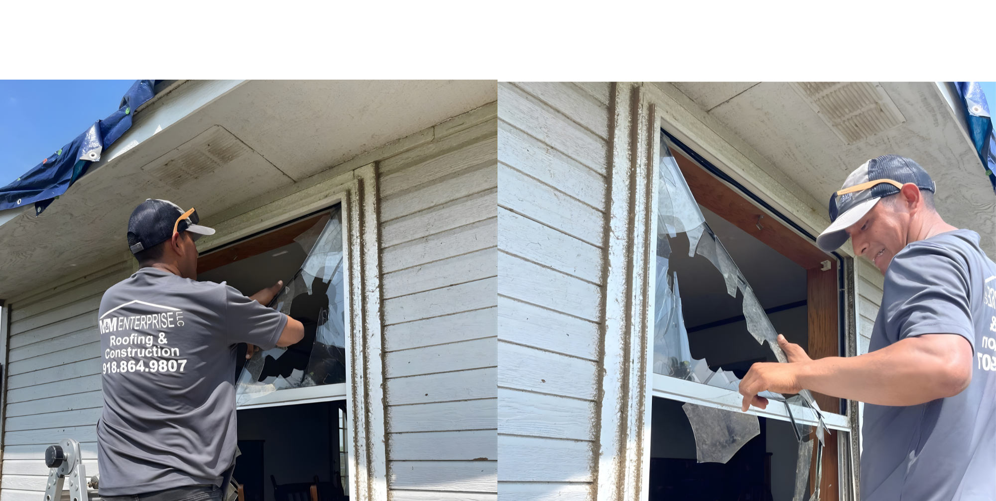 A man installing storm window film on a house window, wearing a gray shirt that reads 'M&M Enterprise LLC Roofing & Construction' and a cap with sunglasses, standing outside near a ladder.