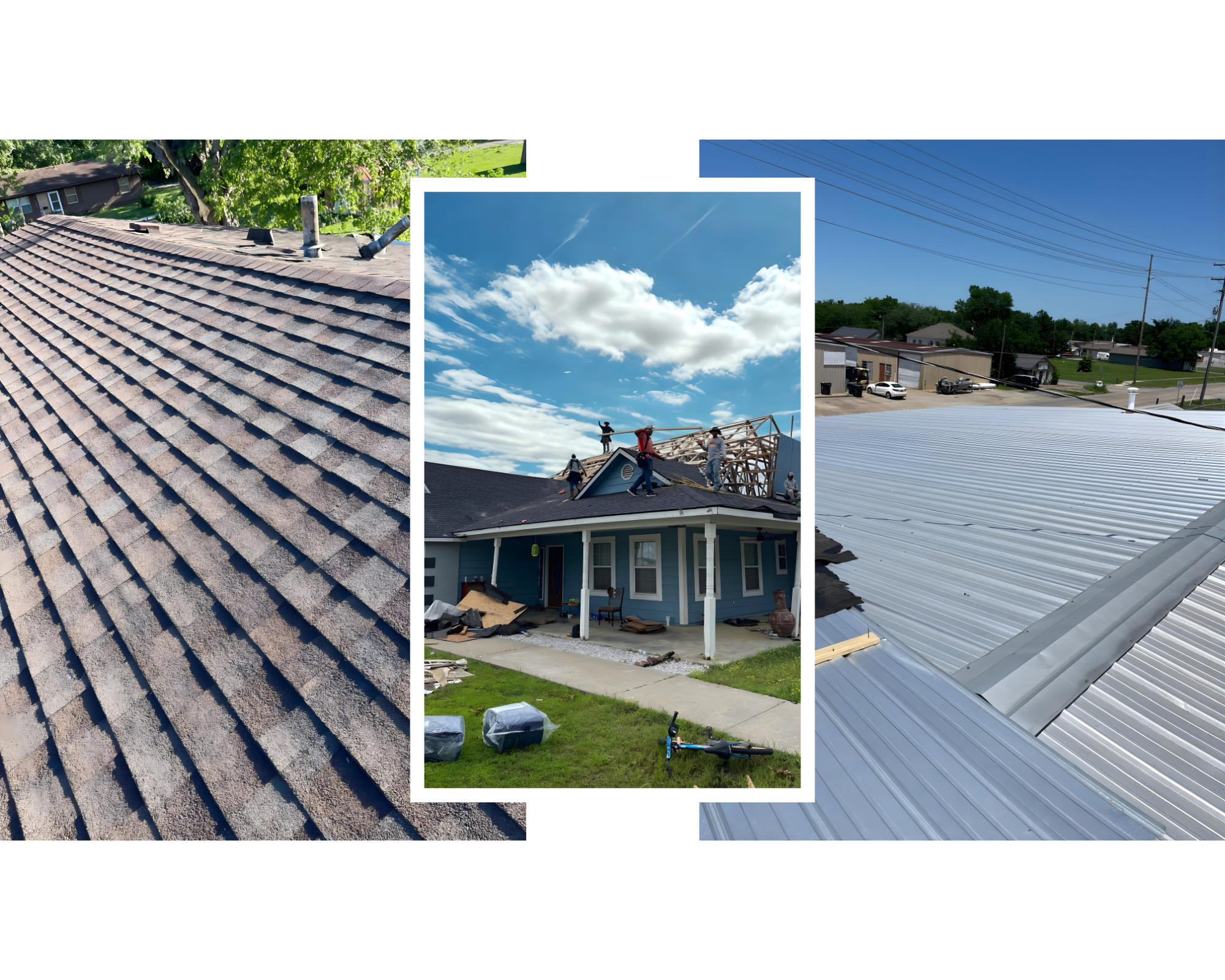 Sequence of images showing roof repairs: close-up of weathered roof shingles, a house under construction with workers installing new roof, and a finished metal roof.