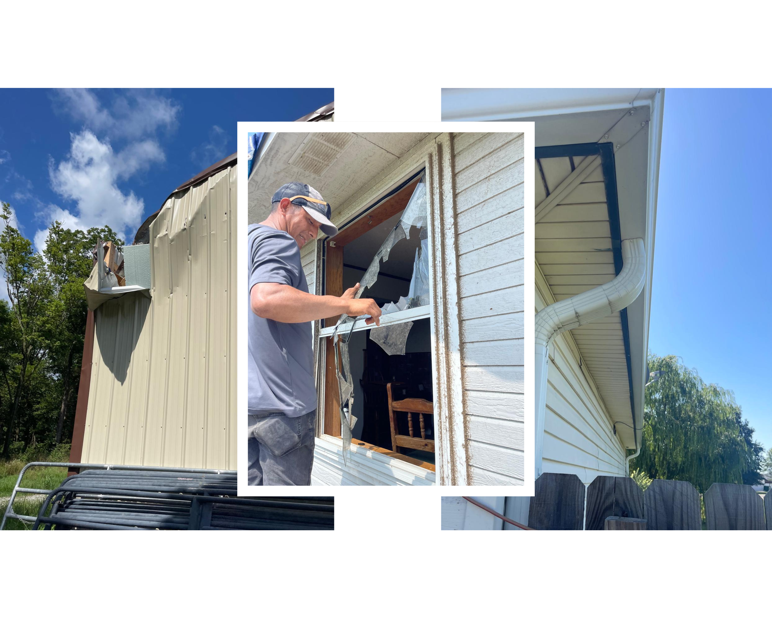 A man repairing a broken window in a house exterior on a sunny day, with a white house, gutter system, and blue sky in the background.