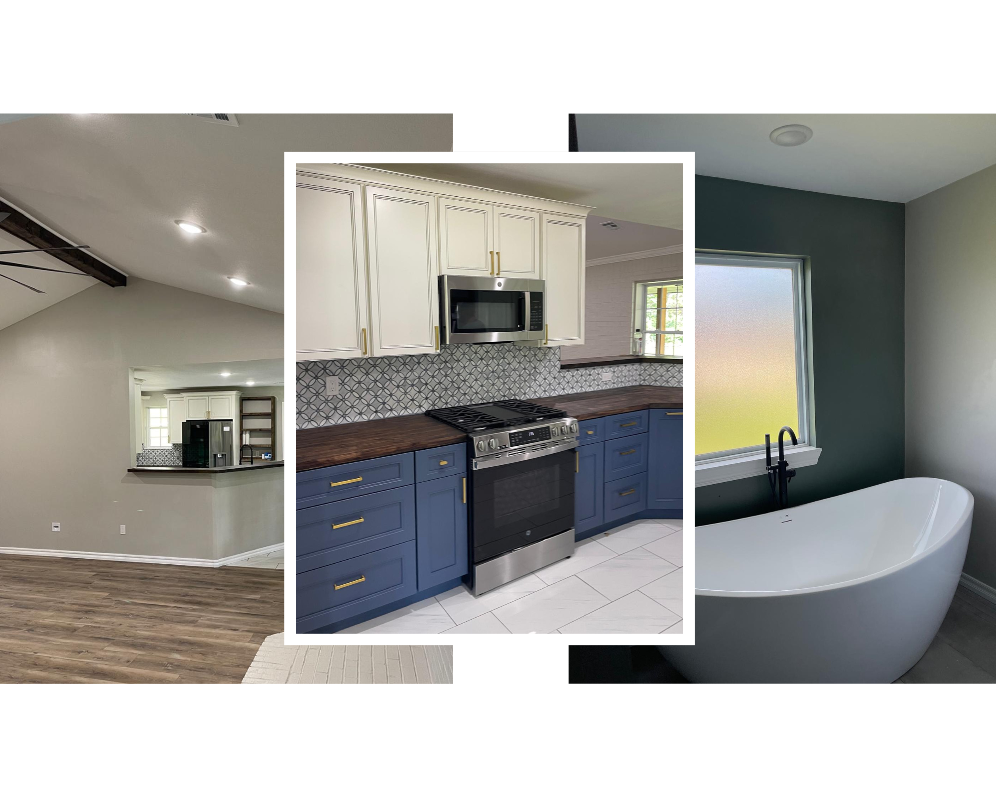 Collage of three images showing interior home shots: an open living room with vaulted ceiling and wood flooring, a kitchen with white and blue cabinets, and a bathroom with a freestanding bathtub near a window.