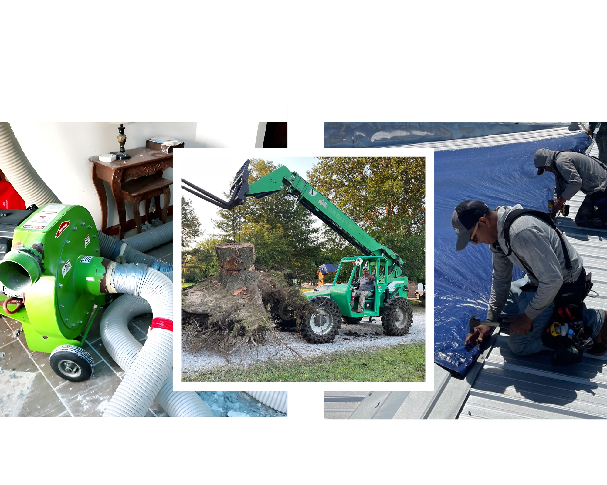 A collection of images including a vacuum system connected to a house, a tree stump with roots, and workers installing a blue tarp or roofing material.