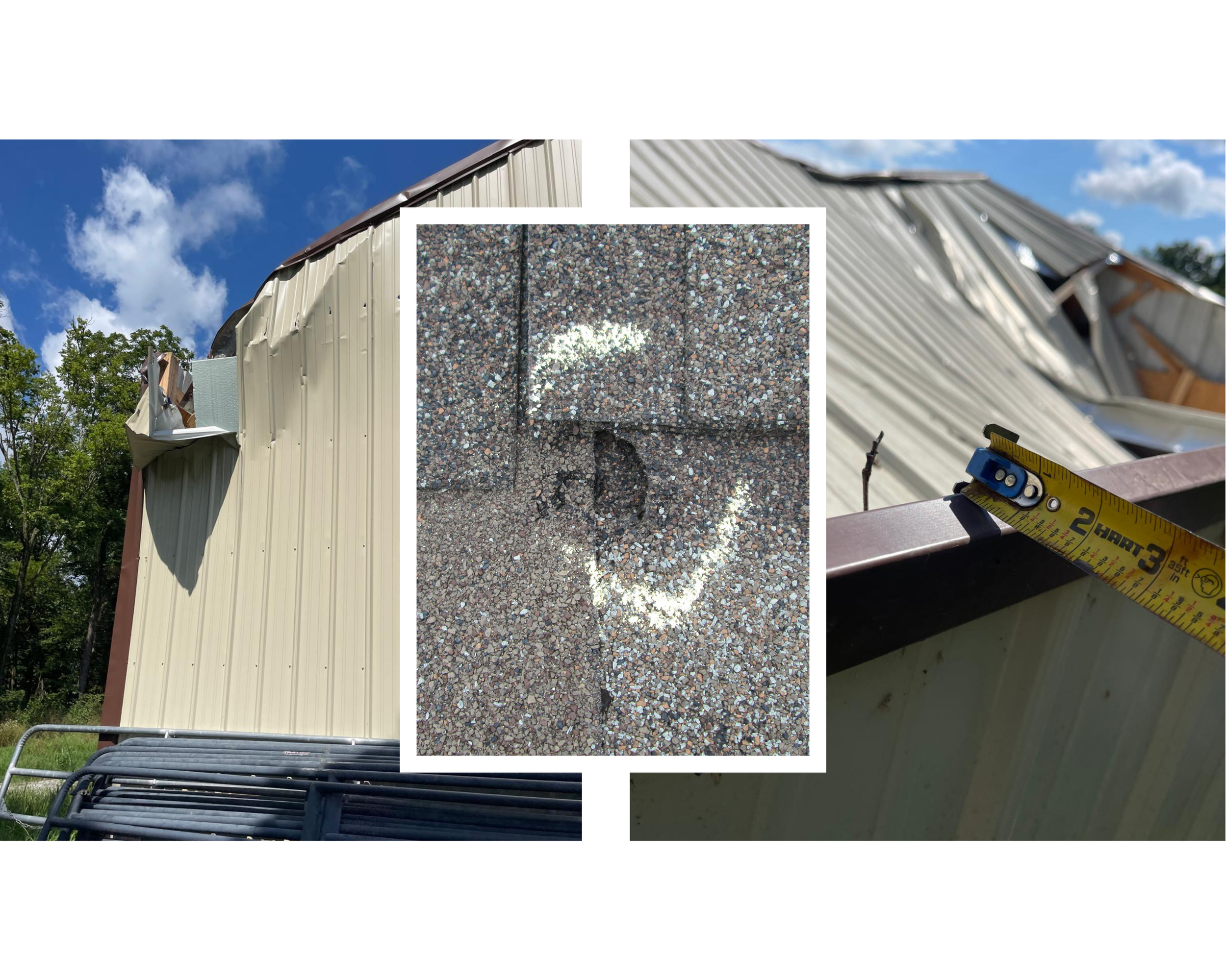 Photo collage showing damage to the side of a metal building, including a large hole in the siding, with a measuring tape indicating the damage is approximately 3 inches wide, and a close-up of the torn siding on a gravel surface.