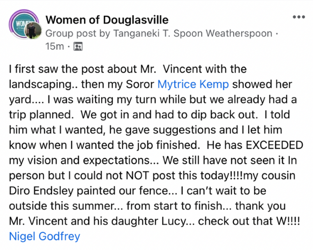 Screenshot of a Facebook post by Women of Douglassville discussing a landscaping project and a painting by Diro Endsley.
