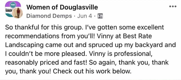 Screenshot of a Facebook post by Women of Douglassville praising Vinny from Best Rate Landscaping for his professional, reasonably priced, and quick landscaping services. The post thanks the group for recommendations.