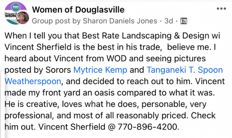 Facebook post by Women of Douglassville praising Vincent Sherfield for landscaping and design services, mentioning his professionalism and affordability, and providing contact information.