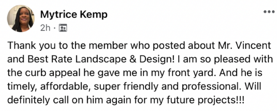 Facebook post by Mytrice Kemp thanking a member for a landscape and design service, praising Mr. Vincent for curb appeal, and expressing satisfaction with his professionalism.