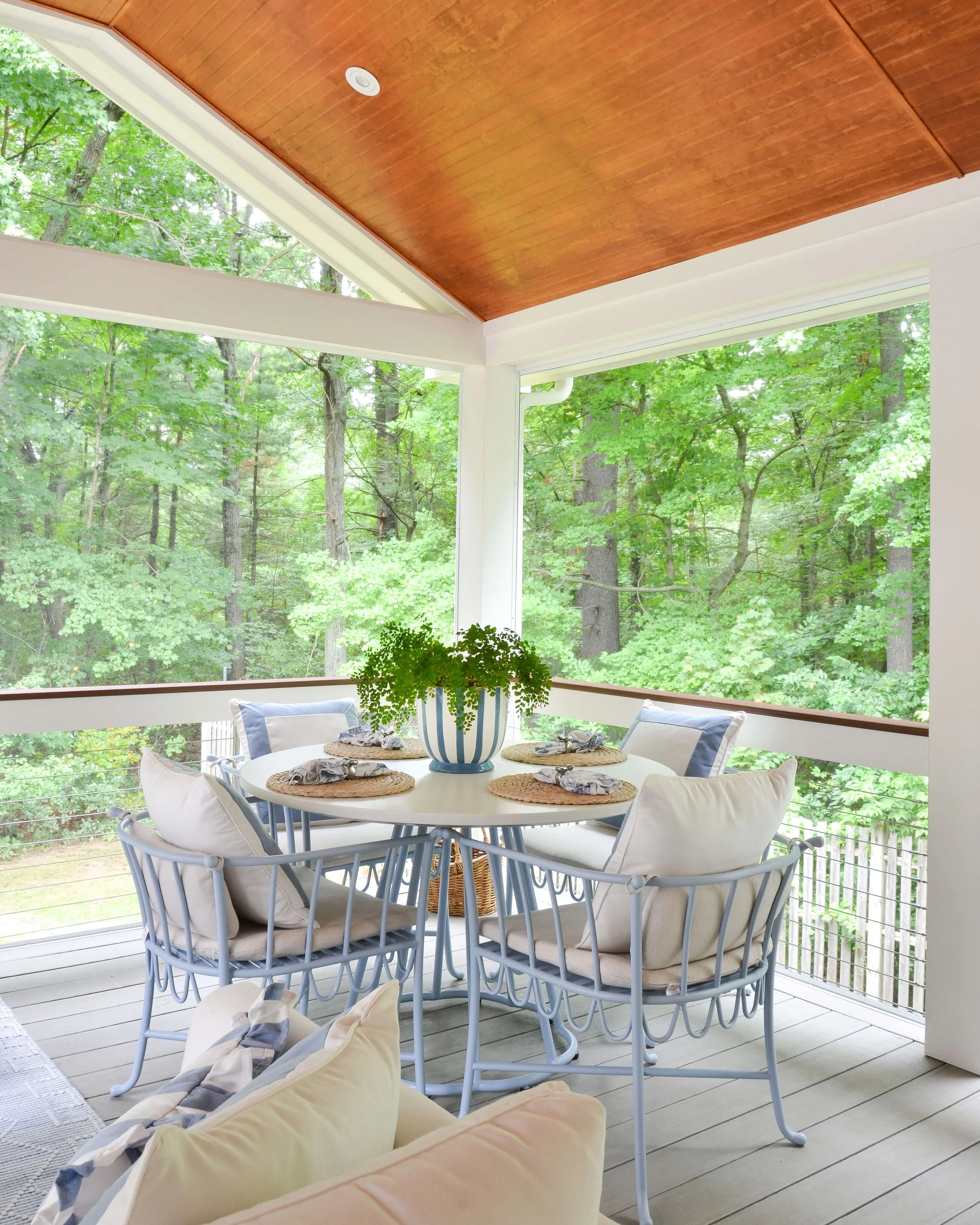Dinner in the corner, surrounded by trees.