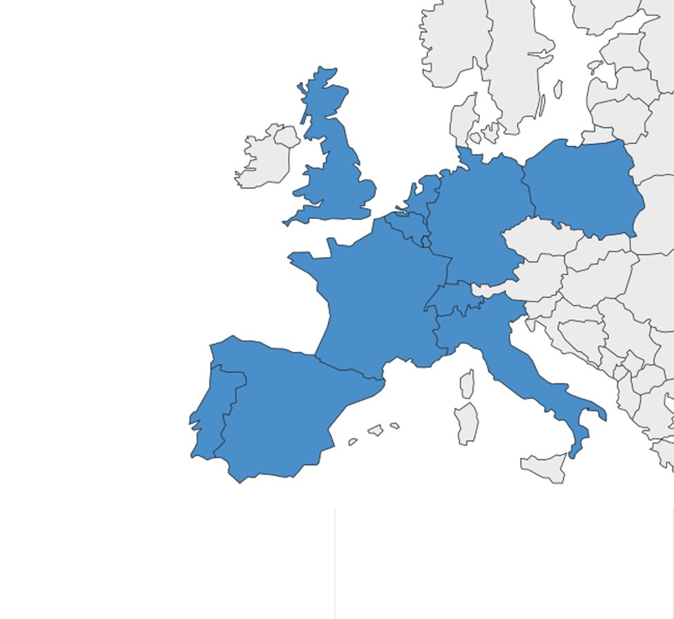 Carte de l'Europe avec plusieurs pays en bleu, dont la France, l'Espagne, l'Italie, la Grèce, le Royaume-Uni, l'Allemagne, la Belgique, la Suisse et d'autres.