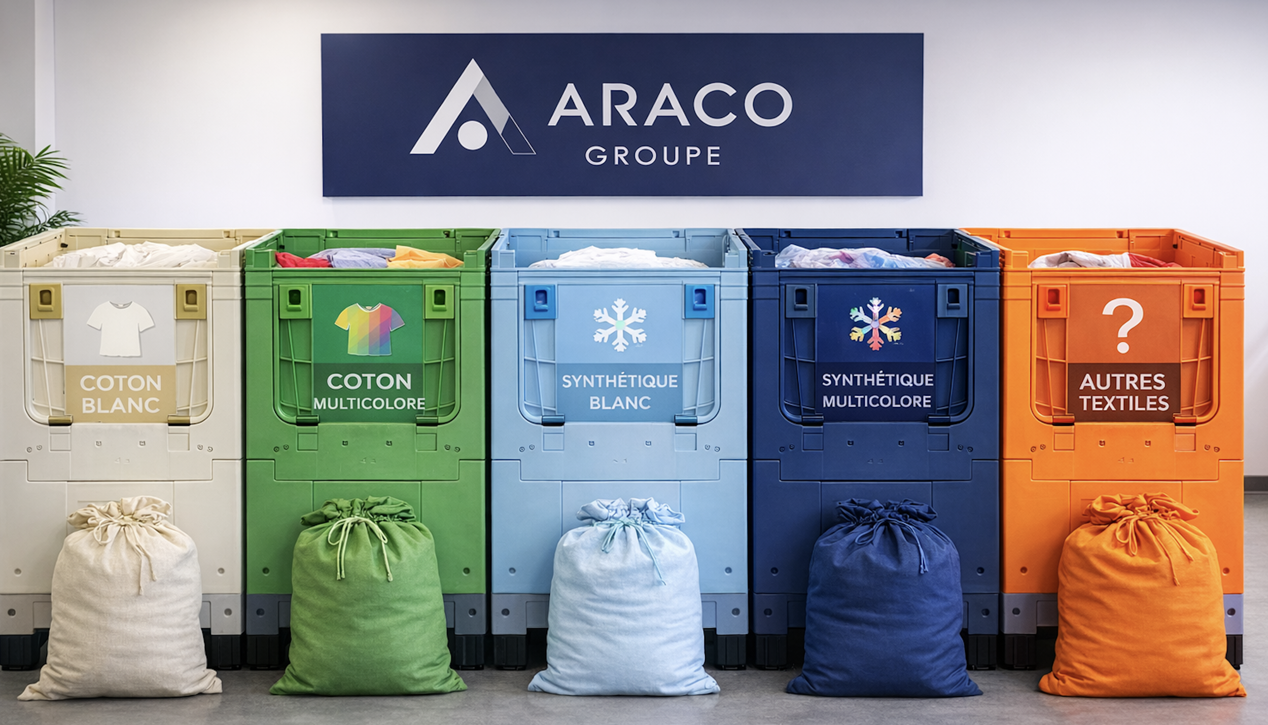 Conteneurs de tri de recyclage avec sacs en tissu en dessous. Conteneur blanc pour coton blanc, vert pour coton multicolore, bleu pour synthétique blanc, bleu foncé pour synthétique multicolore, orange pour autres textiles.