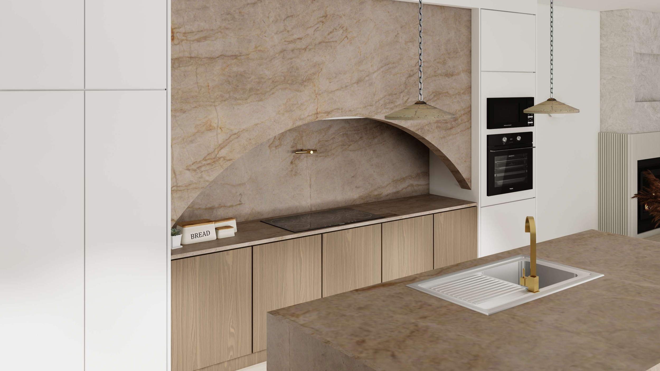 Cuisine moderne avec un plan de travail en pierre, évier en acier inoxydable avec robinet en or, et arrière-plan en pierre beige avec une plaque de cuisson électrique, deux lampes pendantes en bois.