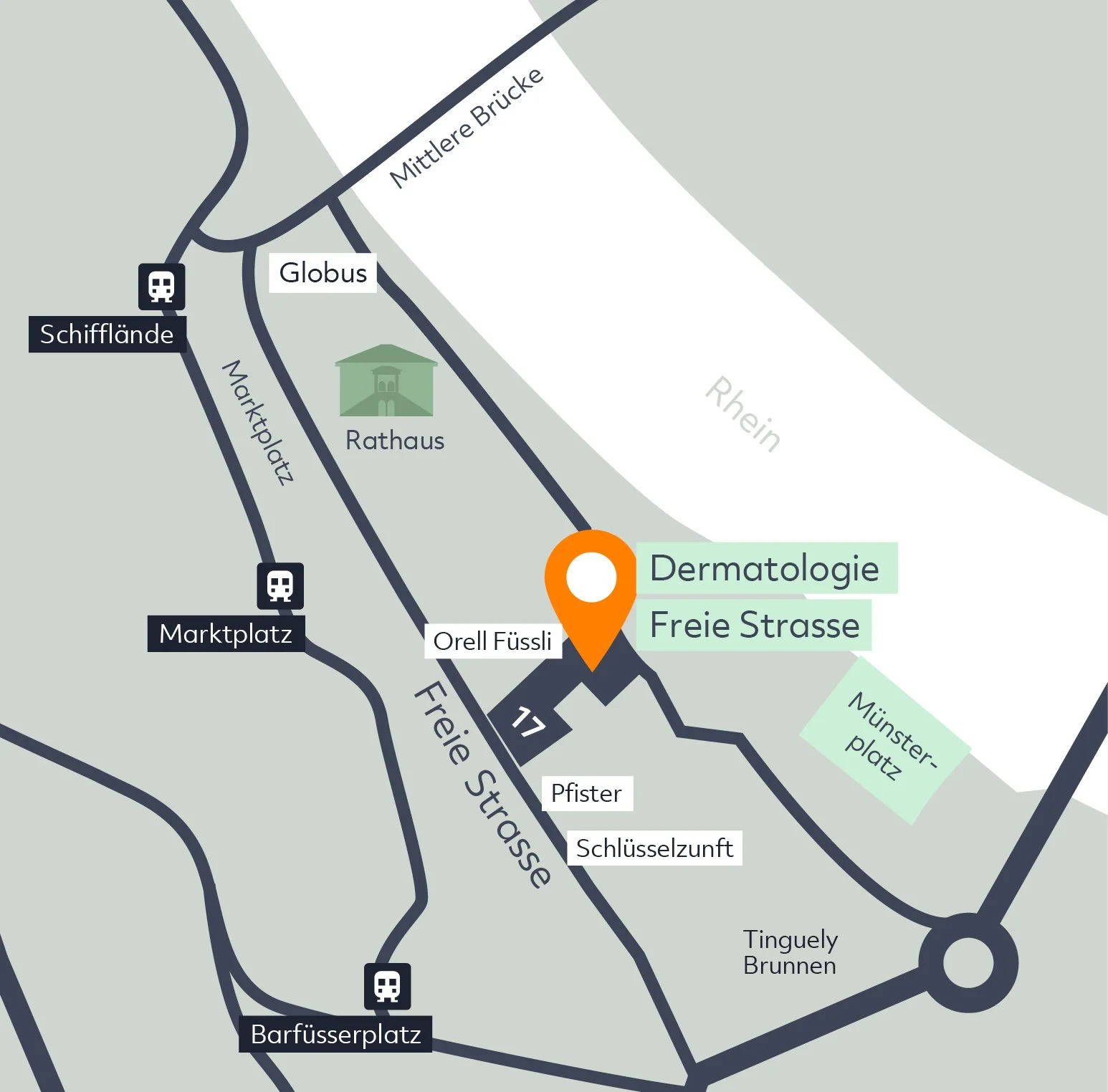 Karte eines Stadtplans mit mehreren Haltestellen und Markierungen, inklusive Rheinufer, Rathaus, Dermatologie, Freie Strasse, Münsterplatz, Pfister, Schlüsselzunft, Tinguely Brunnen und mehreren Bushaltestellen.