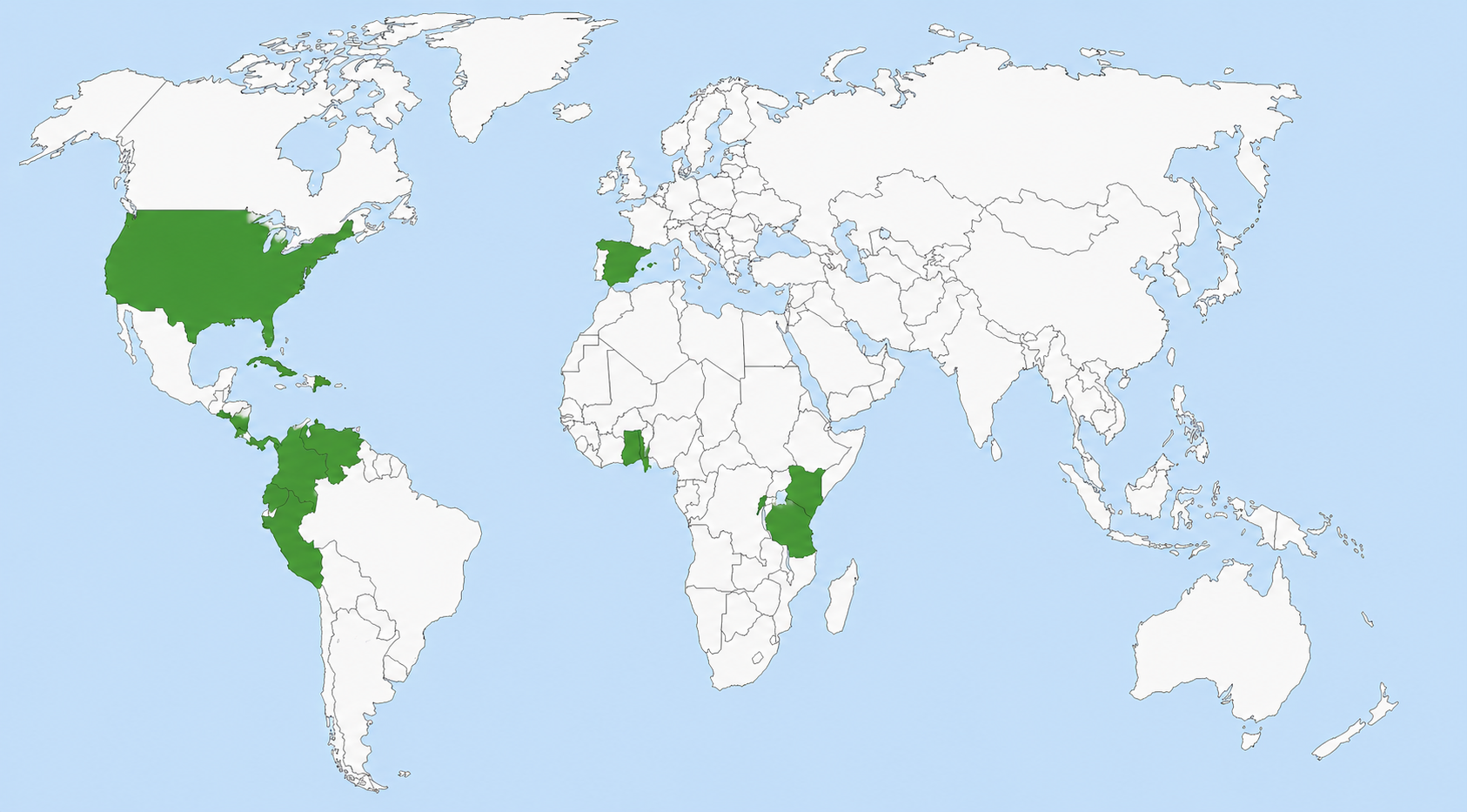 World map highlighting Spain, Portugal, South American countries of Brazil, Argentina, Chile, Colombia, and Venezuela, and Costa Rica in green.