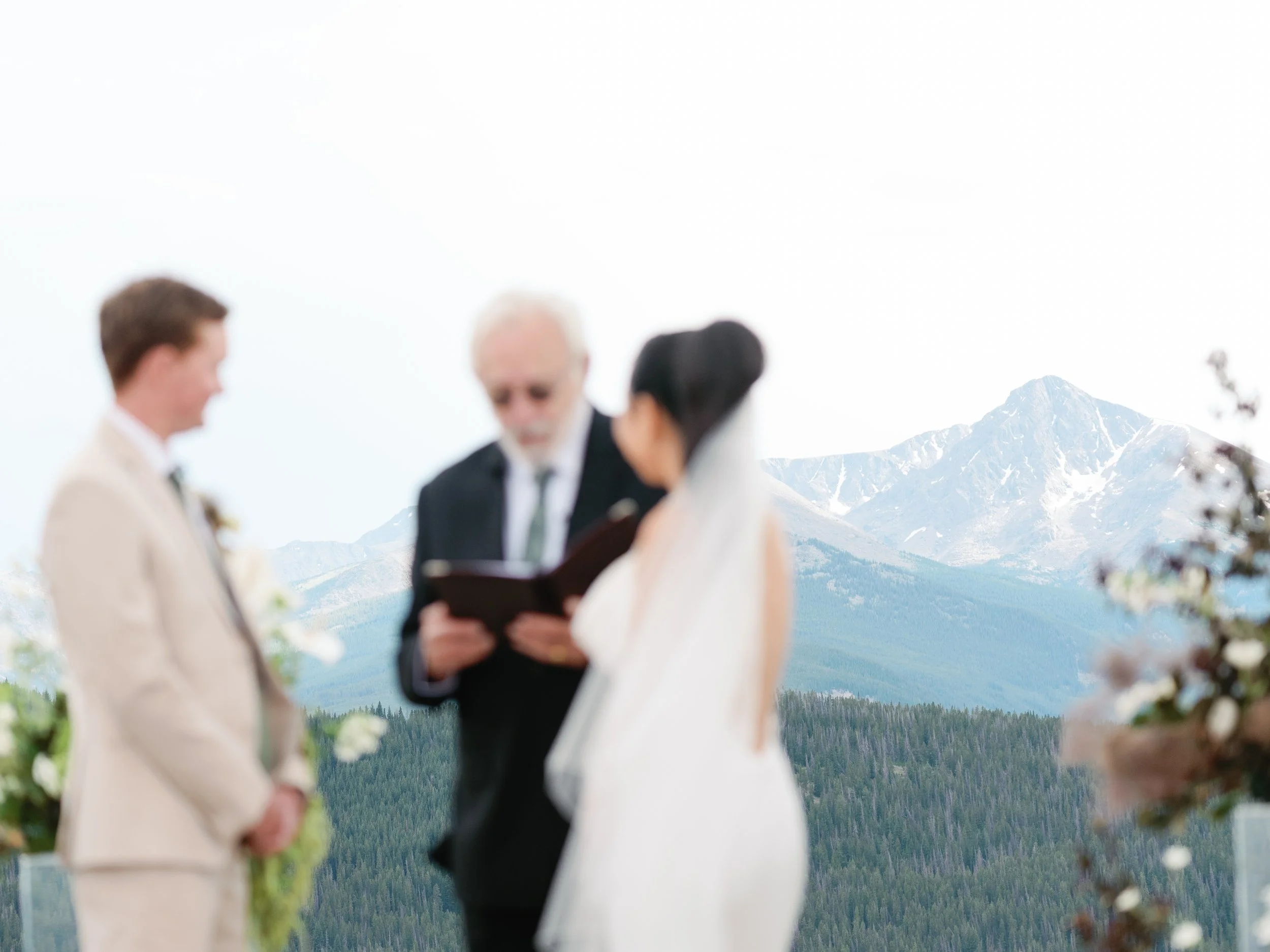 A wedding ceremony outdoors with Mount Hood in the background, featuring a bride and groom facing a officiant.